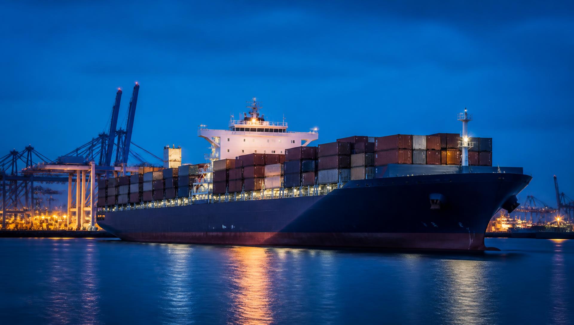 Container vessel alongside a terminal in the Port of Rotterdam at dusk